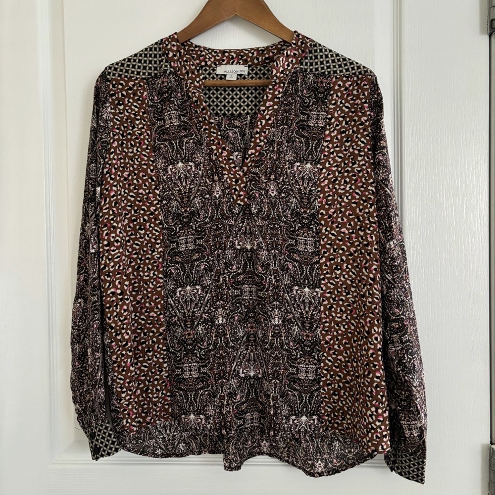 Allison Joy Mixed Animal Print V Neck Blouse Small Maximalist